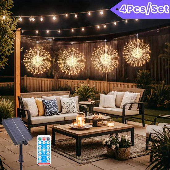 Solar vuurwerk lichtsnoer 360 LED, 4 st, warmwit, waterdicht