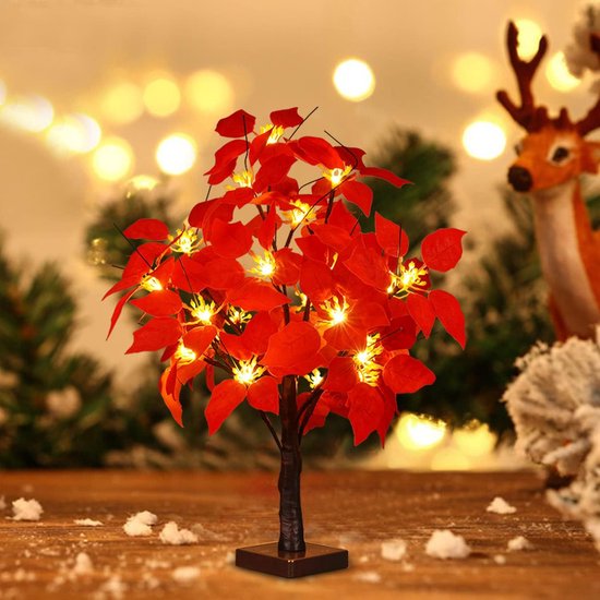 LED Lichtboom met Rode Poinsettia Bladeren - Warme Witte Verlichting - Energiezuinig en Duurzaam Design-58 cm Hoog