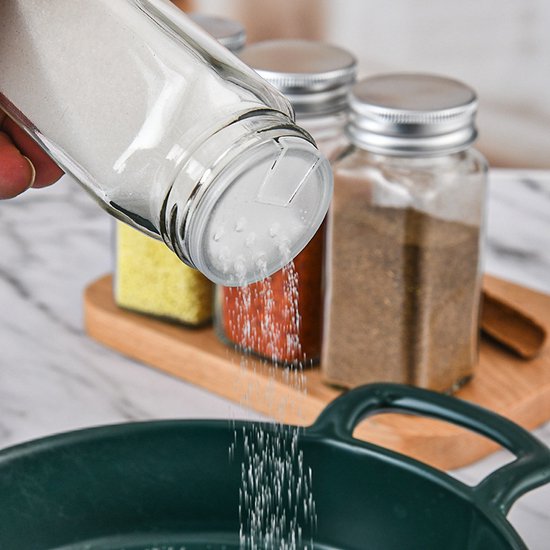 12-delige Glazen Kruidenpotten Set met Aluminium Deksel -Inhoud 120 ml - Inclusief Handige Accessoires