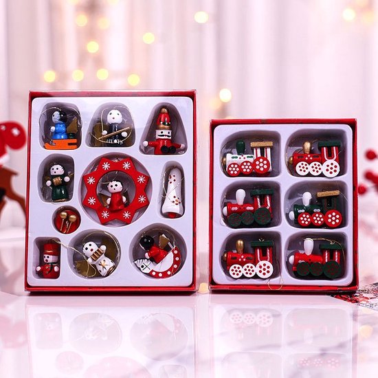 16 stuks Betoverende Houten Kersthangers – 2 Sets in Cadeaubox – Treinen & Speelse Figuren voor een Nostalgische Kerstsfeer