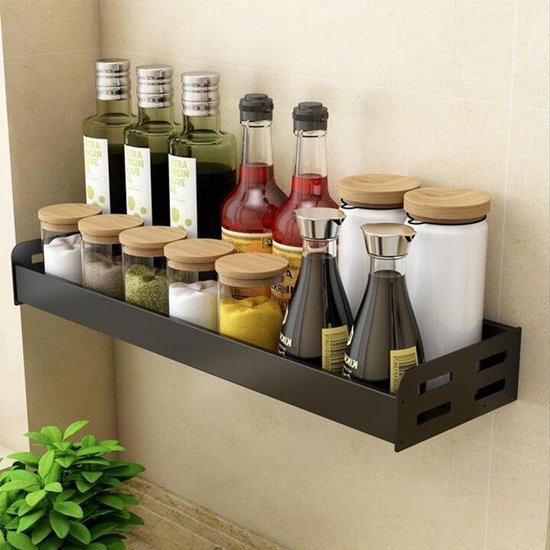 Kruidenrek / Opbergrek - RVS - Perforatievrij aan de muur gemonteerd - 50x13x6 cm - Zwart