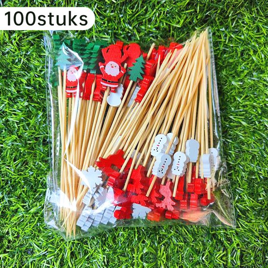 Kerst Cocktailprikkers 100 stuks – Cupcake & Fruit Prikkers – Houten Prikkers met Kerstfiguren – Feest Decoratie