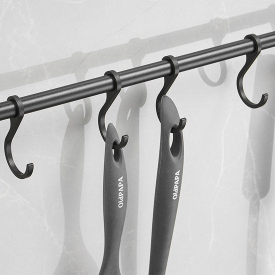 Ruimtebesparende Keukengerei Wandbeugel-keukengereihouder met 8haakjes-Aluminium Keukenrail -49.5CM-zwart