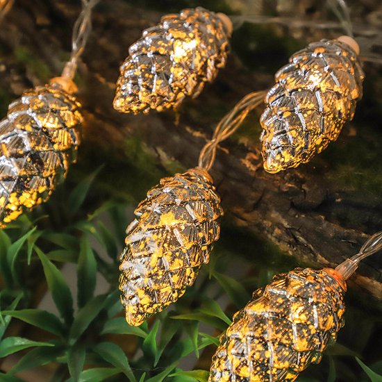 Kerstverlichting Gouden Dennenappels op Batterij – 2 Meter Lichtketting met 10 Sfeervolle Lampjes-Sfeervolle Feestdecoratie- Warm Wit Licht-goud