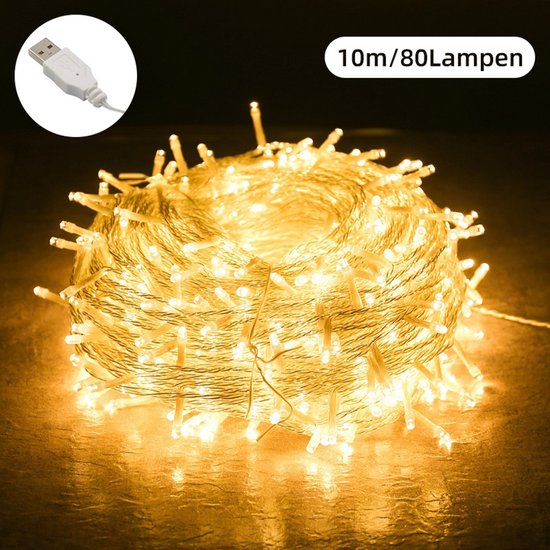 Lichtsnoer voor buiten kamperen, klassiek, warm wit, USB-model, constant helder, 10 m, 80 lampjes