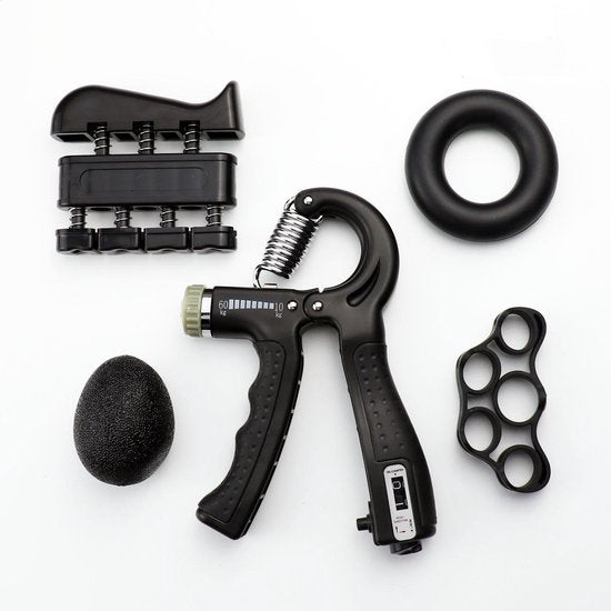 TDR -  5 Delige Verstelbaar Handtrainer Set - Trainer voor Hand, Onderarm, Pols & Vingers – Stressbal, Knijphalter, Stretcher & Grip bal – Anti RSI - Zwart