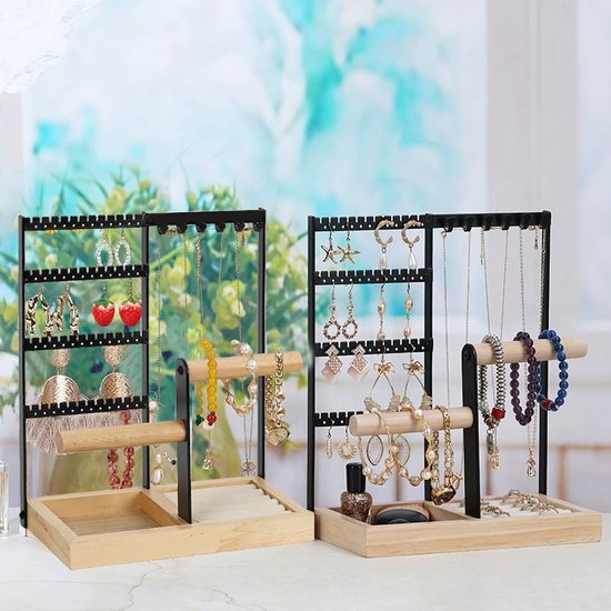 Hoogwaardig Sieradennrek met 48 Oorgaatjes, 6 Haakjes voor Ketting, 2 Armbandstandaards en een Handig Ringenvak - Stijlvolle Opbergruimte voor Elke Sieradencollectie