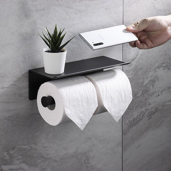 TDR-Dubbele toiletrol houder - met geïntegreerd Roestvrijstalen plankje / planchet 260 * 100 * 100 mm-zwart