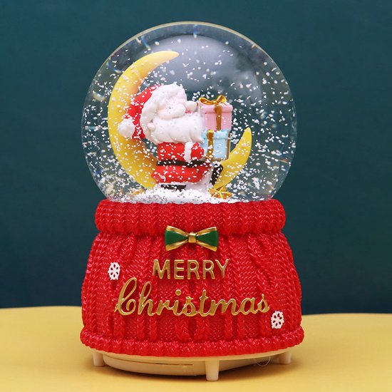 Luxe Kerst Sneeuwbol met LED-verlichting en Muziek - Kerstman op Maan - Ø10 cm, Hoogte 16,5 cm