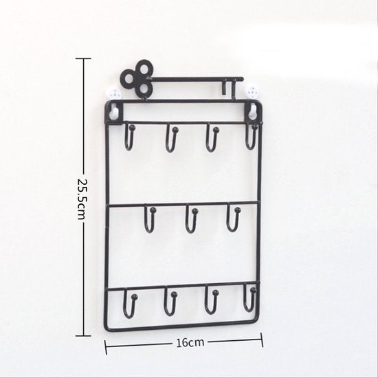 Stijlvolle Metalen Sleutelrek met 11 Haken-Wandorganizer-Ruimtebesparend - Duurzaam 25.5x16cm zwart