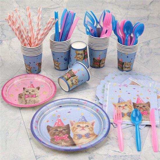 113 delig verjaardagset - Thema: Kat - met kopjes, bestek en tafelkleed -  Versiering voor feestjes, verjaardag - feestdecoratie