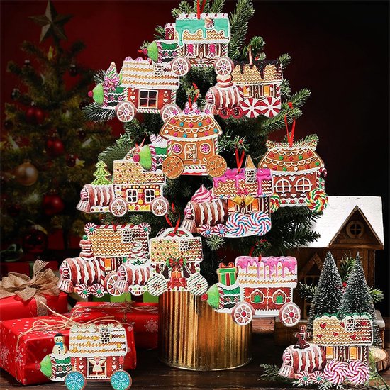 24-delige Set Houten Kersthangers – Snoeptrein Decoraties voor Kerstboom-Unieke Hangdecoratie voor Kerstboom en Cadeaus