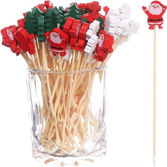 Kerst Cocktailprikkers 100 stuks – Cupcake & Fruit Prikkers – Houten Prikkers met Kerstfiguren – Feest Decoratie