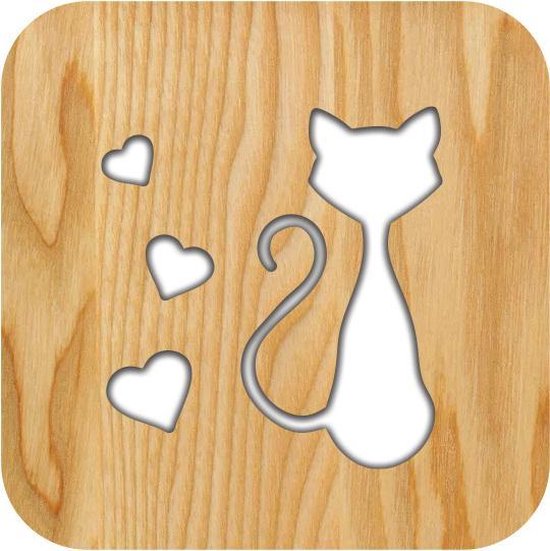 Lamp - 19cm - Tafellamp - Lamp - LED en One touch control - Houten Tafellamp - Kat figuur