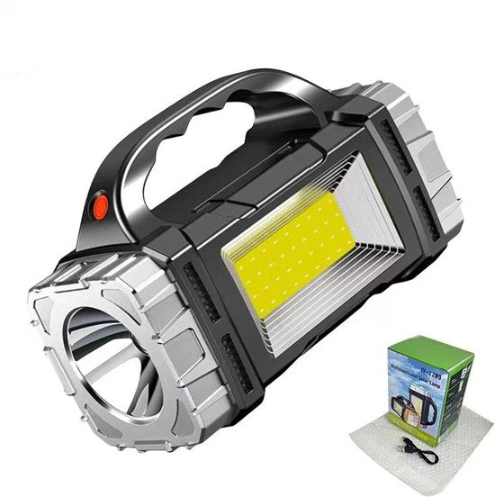 Multifunctionele LED zaklamp met Rood en Blauw Waarschuwingslicht- Perfect voor Outdoor, Kamperen, Wandelen - 1500mAh, 100m Bereik, Solar & USB Oplaadbaar-zwart/zilver