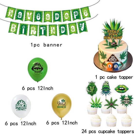 46delige Verjaardagsfeestset met cannabisbladthema