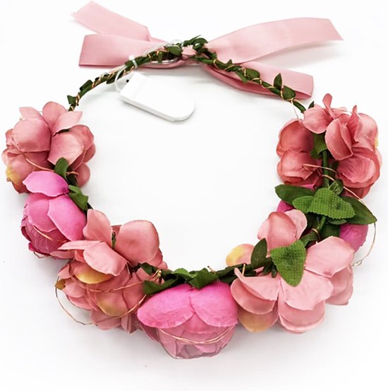 LED Bloemenkrans Hoofdband met 20 Warmwitte Lampen - Roze