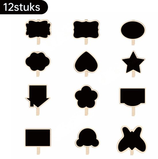 Mini Krijtbordjes Set van 12 – Verschillende Vormen – Tafelbordjes met Krijtstickers – Decoratief en Herbruikbaar