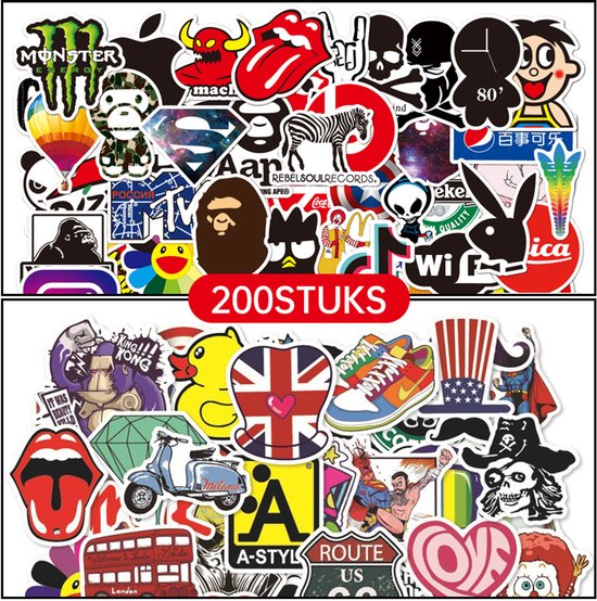 200 stuks - hoogwaardige kwaliteit graffitistickers - waterdicht en weerbestendig - voor laptops, koffers, koelkasten, kleerkasten - waterdicht en weerbestendig