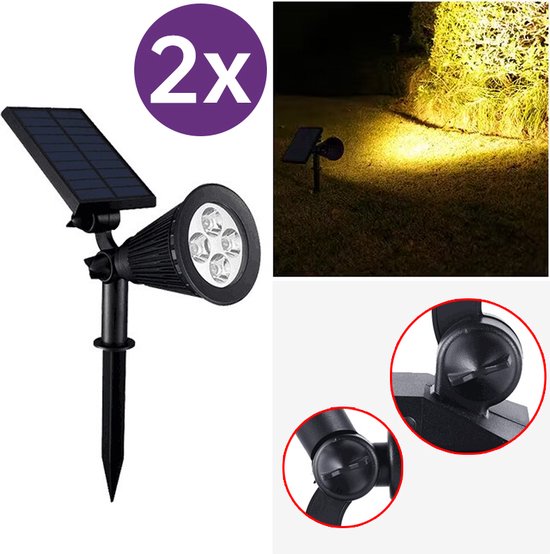 2 Stuks led solar spot light-IP66-voor wandmontage of grondspies-warm licht (2 stuks)