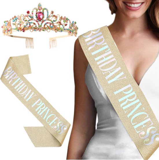 Verjaardag Prinses Sjerp en Tiara -Met text "Birthday Princess" -Een Betoverende Toevoeging aan Jouw Verjaardagsfeest-goud