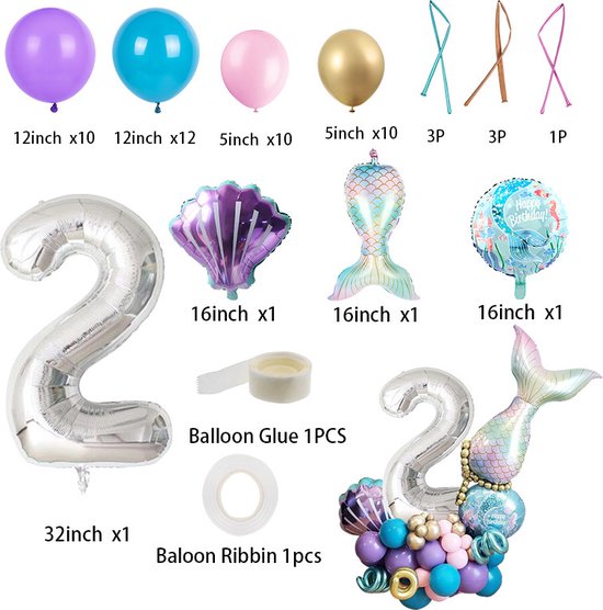 TDR-Digitale Zeemeermin Ballon Set 2 jaar -themafeest-Kinderfeestje-Decoratie set