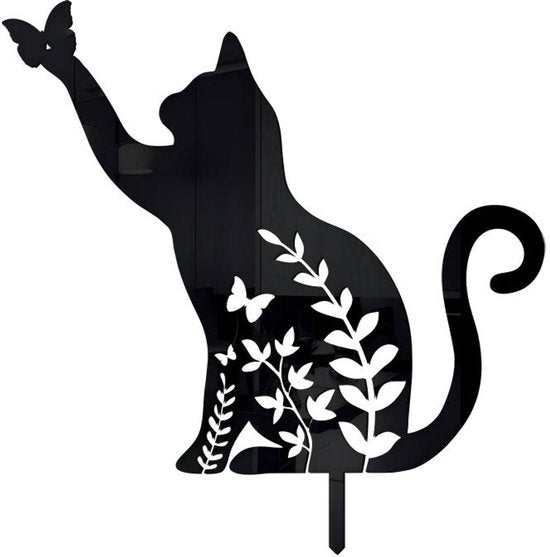 Metalen tuinsteker- kat vangt een vlinder-tuindecoratie-zwart