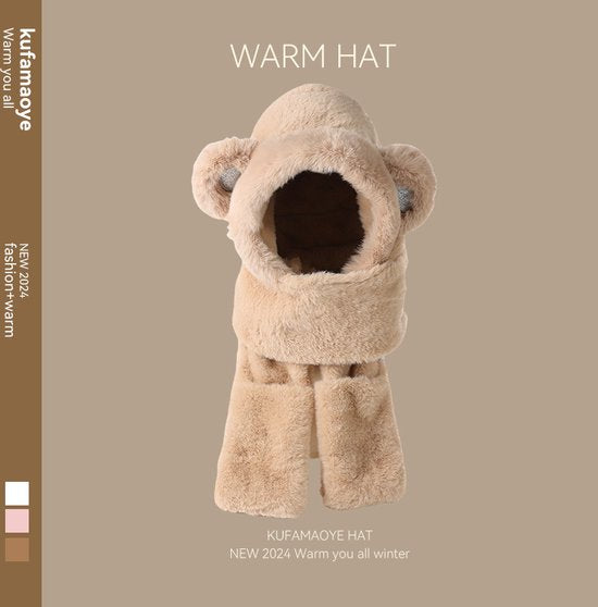 3-in-1 Warme Winterset – Pluche Muts met Schattige Oortjes, Sjaal en Wanten – Khaki