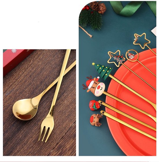 4 delige (8 stuks) Luxe Kerst Bestekset – Theelepels & Vorken met Unieke Kerstfiguren – Feestelijk Cadeau-goud