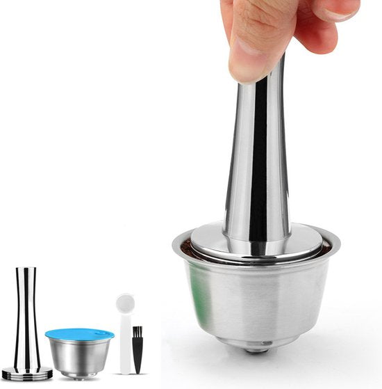 4 delige Herbruikbare RVS Dolce Gusto Capsule Set met Tamper, Maatschep en Reinigingsborstel - Duurzaam, Milieuvriendelijk en Kostenbesparend