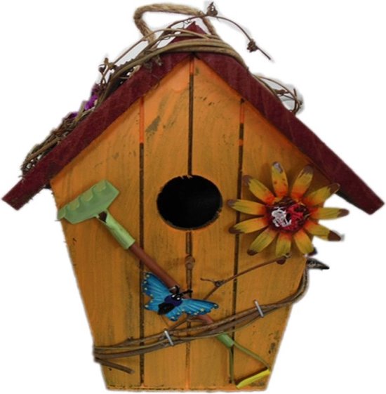 Houten Vogelhuisje met Bloem en Vlinder – Tuindecoratie