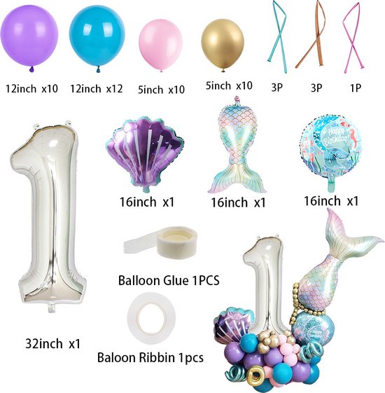 TDR-Digitale Zeemeermin Ballon Set  1 jaar -themafeest-Kinderfeestje-Decoratie set
