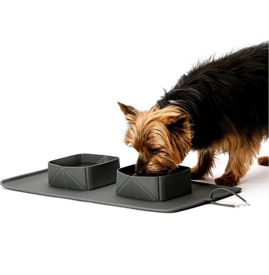 Opvouwbare Outdoor Draagbare Voerbak voor Huisdieren -katten en honden drinkbak- ideaal voor op reis en onderweg - met draagtas-Grijs 38X23.5cm