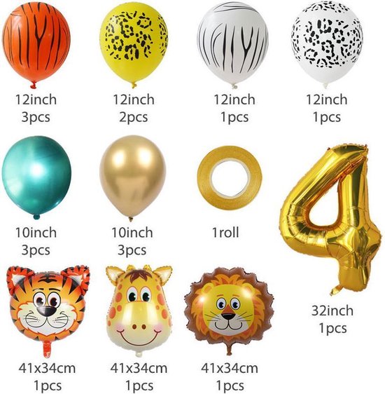 19 delig verjaardag ballonnen set - 4 jaar - Thema: Dieren