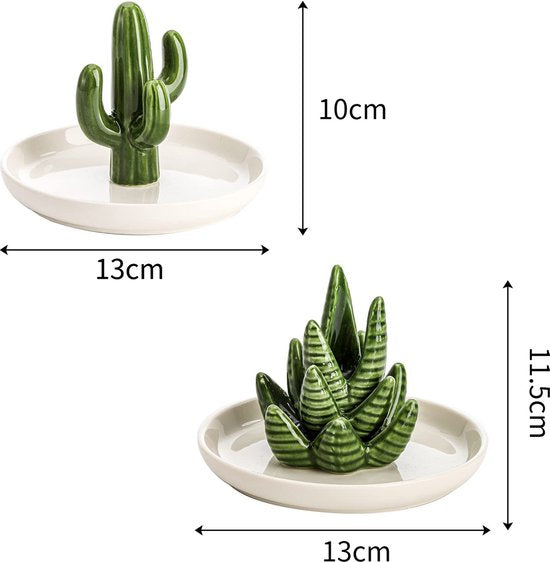 Keramische Cactus Sieradenhouders - Set van 2 - Ringhouders Groen/Wit