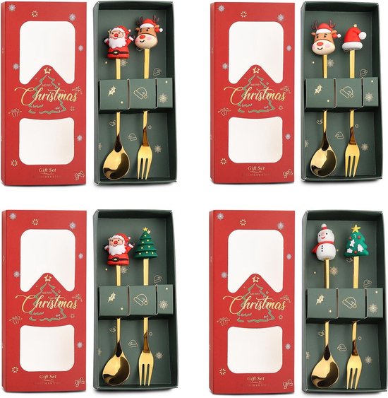 4 delige (8 stuks) Luxe Kerst Bestekset – Theelepels & Vorken met Unieke Kerstfiguren – Feestelijk Cadeau-goud