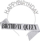 Happy Birthday Tiara en Sjerp-Met text "Birthday Queen"- Ideaal als Cadeau voor Verjaardagen-birthday diadeem-Zilver