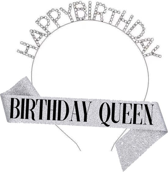 Happy Birthday Tiara en Sjerp-Met text "Birthday Queen"- Ideaal als Cadeau voor Verjaardagen-birthday diadeem-Zilver