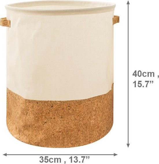 TDR - Katoenlinnen Opbergmand - Waterafstotende Binnenlaag - Speelgoedmand, Wasmand, handvaten , Opvouwbaar - 49 Liter - Wit & Kurk
