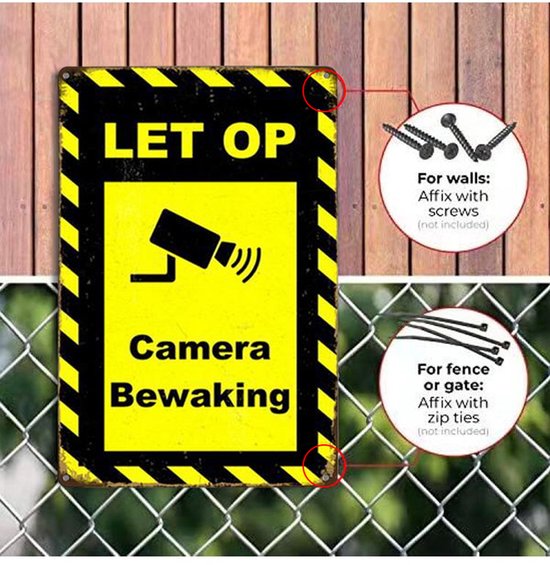 Camerabewaking Bord 25 × 18 cm – Reflecterende Aluminium Waarschuwingsborden ‘Let op Camera Bewaking’ – UV- & Weerbestendig