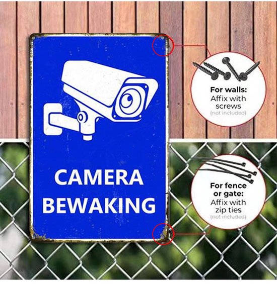 Aluminium Camerabewakingsbord – 24 uur toezicht | 25 × 18 cm | Blauwe ‘CAMERA BEWAKING’ waarschuwing – voor binnen & buiten