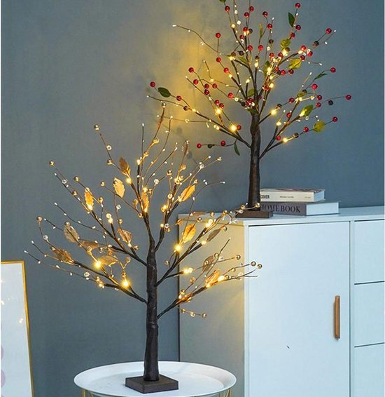 Kunstmatige Rode Fruitboom Lamp - Flexibele LED Verlichting - Sfeerlicht voor Woonkamer en Slaapkamer - Batterijbediening - 33cm x 54cm x 10cm