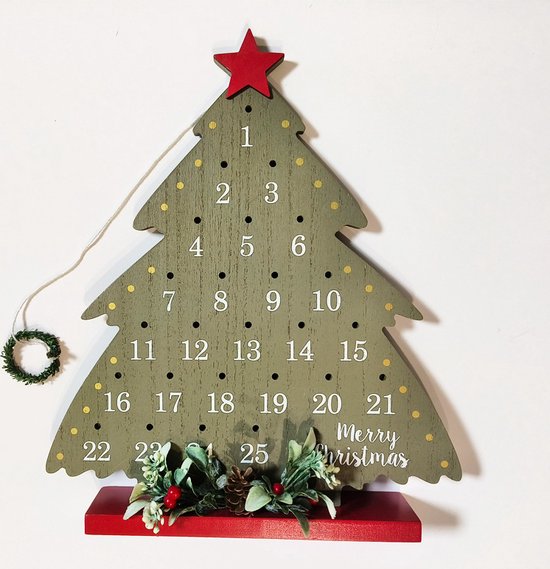 Houten Kerstboom Adventskalender - Aftelkalender met Krans en Decoratie - Sfeervolle Kerstdecoratie- 25x29,5 cm