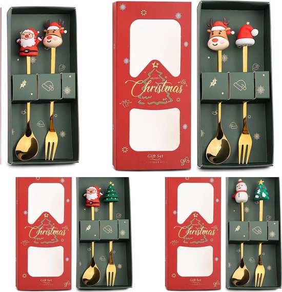 4 delige (8 stuks) Luxe Kerst Bestekset – Theelepels & Vorken met Unieke Kerstfiguren – Feestelijk Cadeau-goud