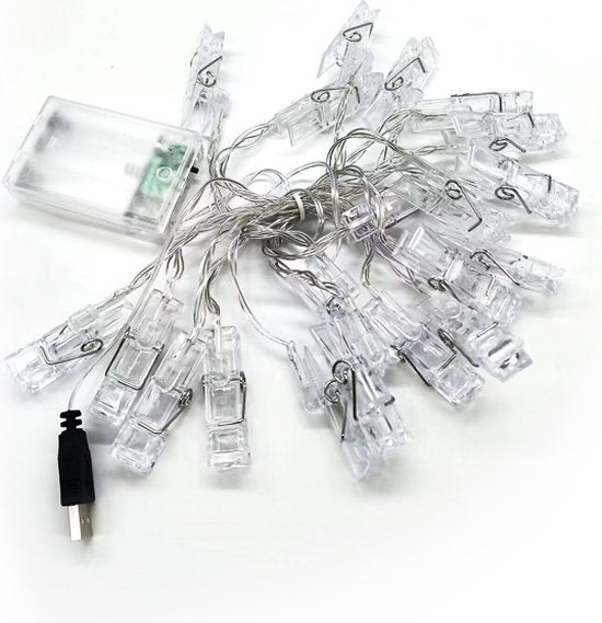 Fotoclip Lichtsnoer - 3 Meter - 20 Lampjes met Fotoclips, Batterij + USB-model voor Dubbel Gebruik