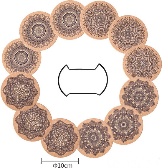 12 stuks Kurken Onderzetters met houder voor Glazen met Mandala Prints