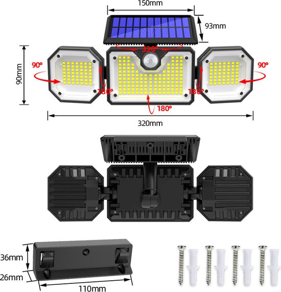 Solar Wandlamp met Bewegingssensor en Afstandsbediening - Op Zonne-energie - 226 LED's - Waterdicht - Tuinverlichting - 3 Verstelbare Lampen