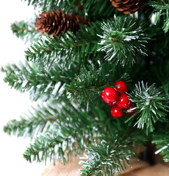 Luxe Mini Kerstboom – Met 1.5 meter Warme LED Verlichting, Dennenappels en Rode Bessen – Sfeervolle Kerstdecoratie-60 cm