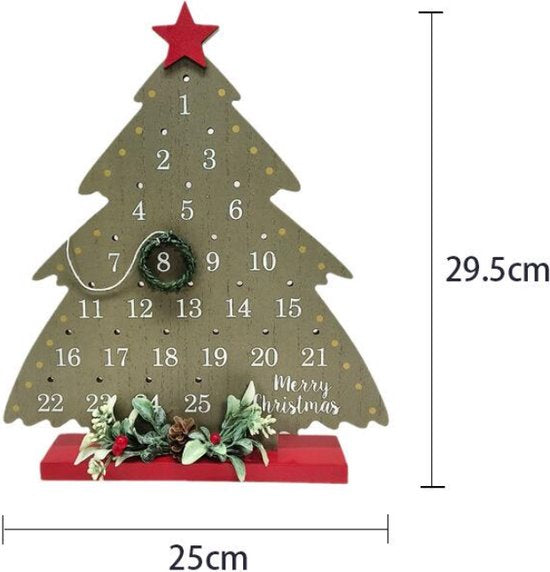 Houten Kerstboom Adventskalender - Aftelkalender met Krans en Decoratie - Sfeervolle Kerstdecoratie- 25x29,5 cm