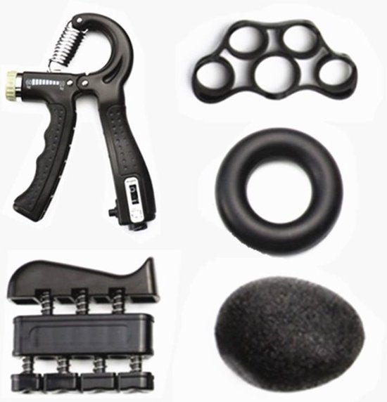 TDR -  5 Delige Verstelbaar Handtrainer Set - Trainer voor Hand, Onderarm, Pols & Vingers – Stressbal, Knijphalter, Stretcher & Grip bal – Anti RSI - Zwart